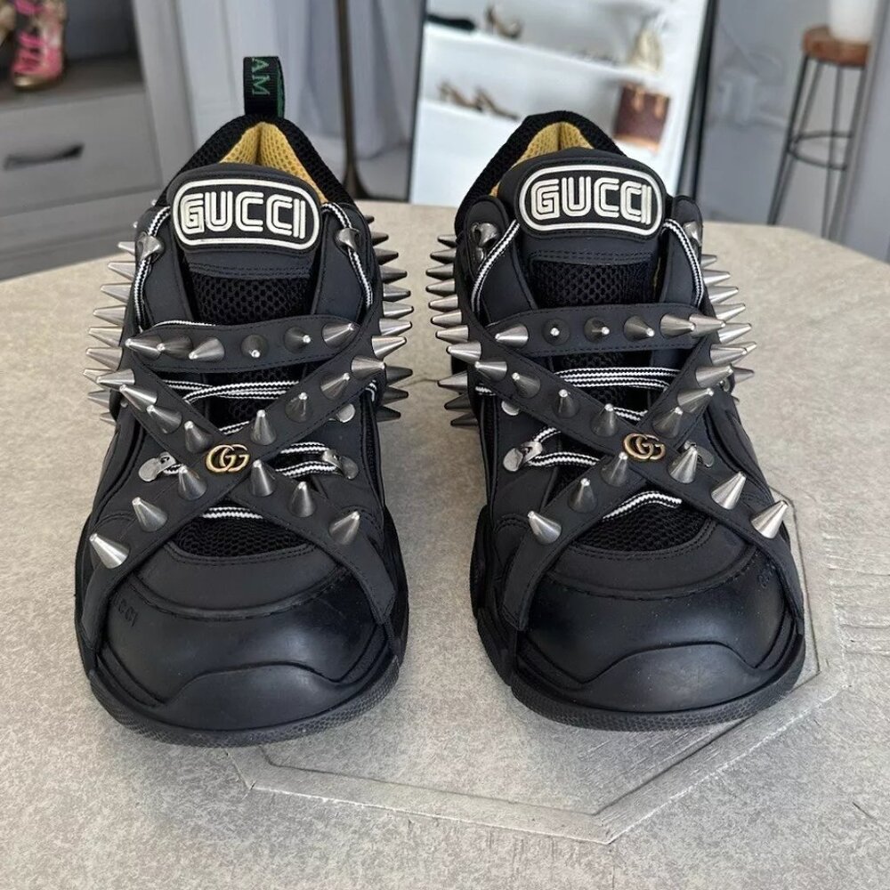 GUCCI Size 8 Black Flashtrek Spikes Canvas Leather Trim Sneakers
